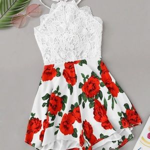 SHIEN red and white floral romper size small